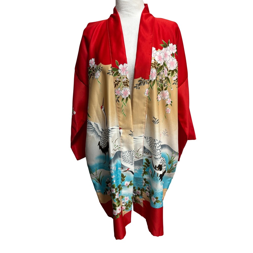 Vtg Marukyo Kimono Robe Red Crane Cherry Blossom Made in Japan Satin Lounging L